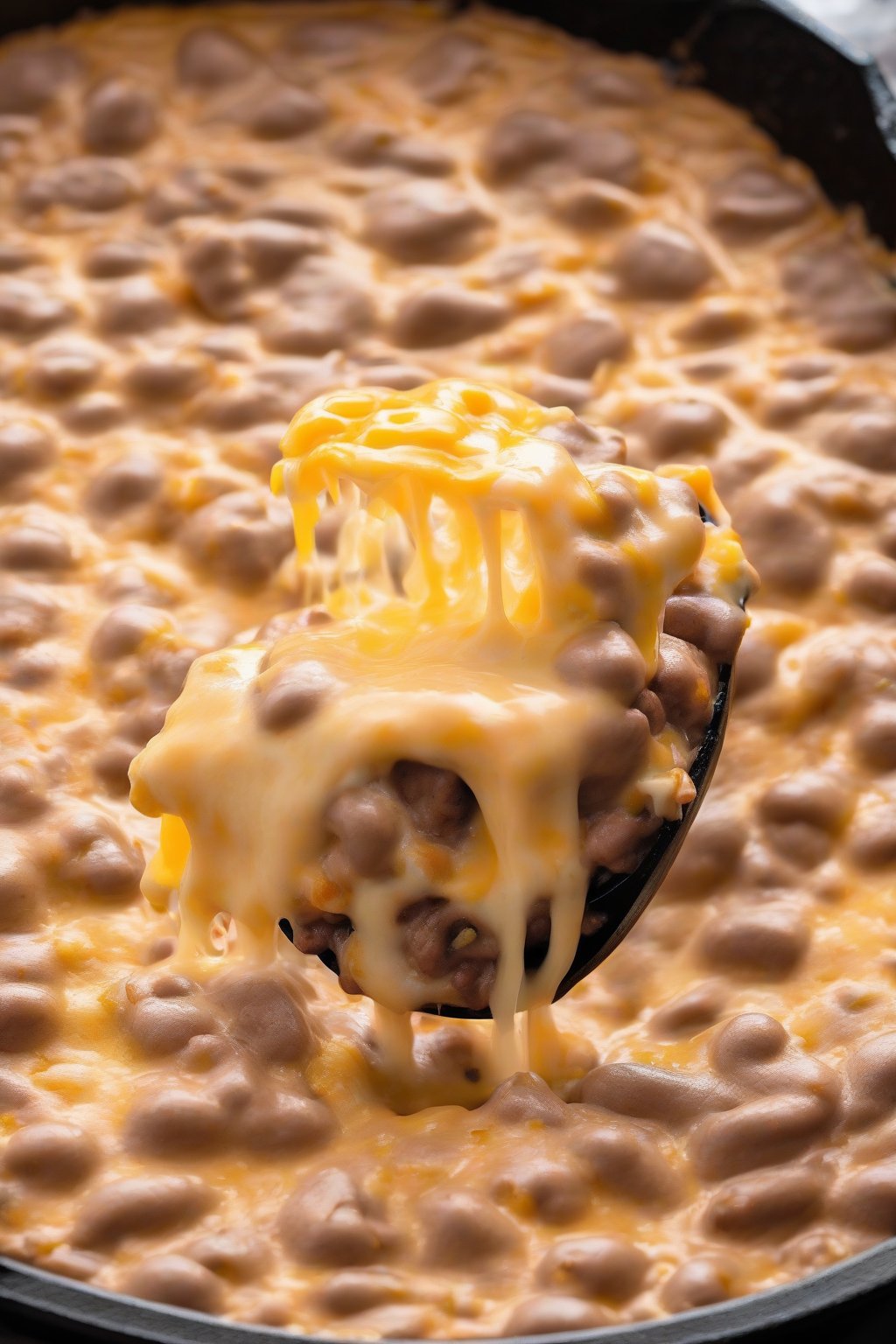 A high-resolution photo of cheesy queso refried beans oozing with melted cheese, in a cast-iron skillet, under soft lighting.