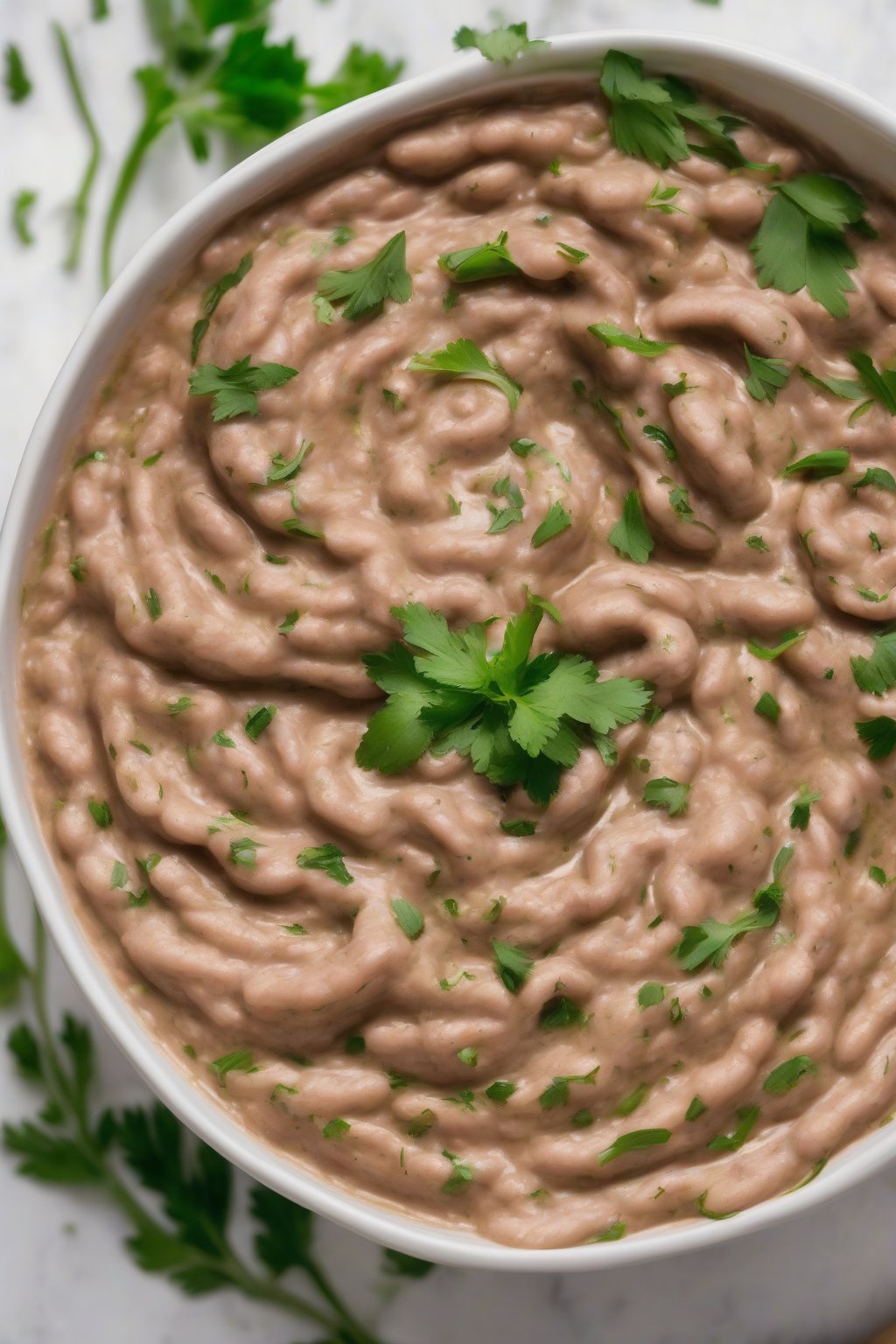 A high-resolution photo of garlic herb refried beans swirled with green herbs, served in a white bowl, under soft lighting.