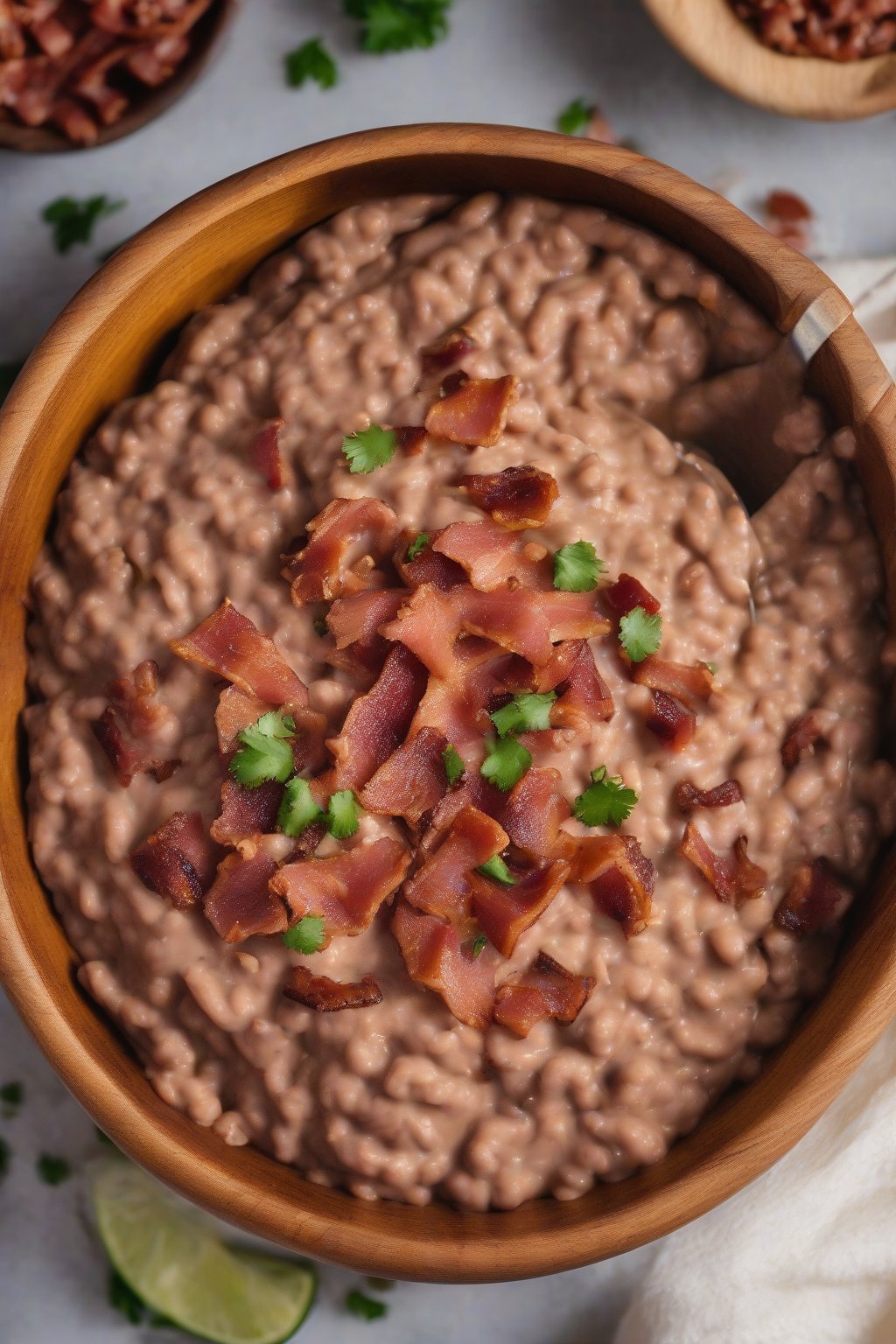 A high-resolution photo of smoky bacon refried beans with bacon bits on top, in a wooden bowl, under soft lighting.