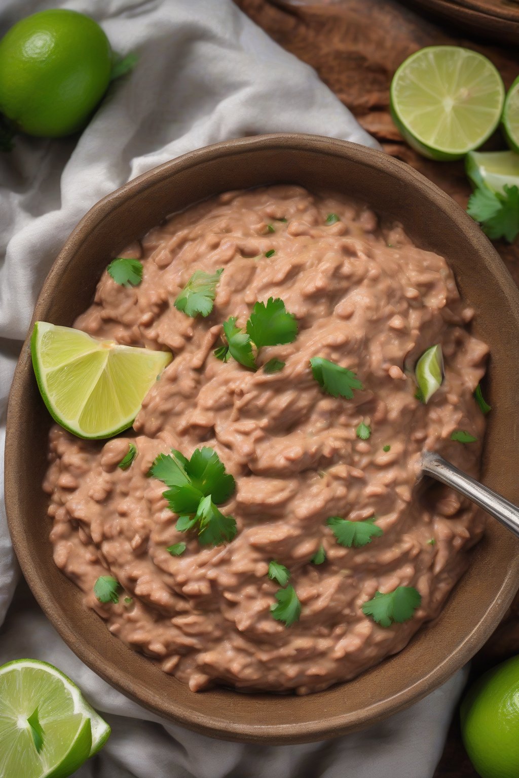 A high-resolution photo of vegan coconut refried beans with lime wedges, creamy and glossy, under soft lighting.