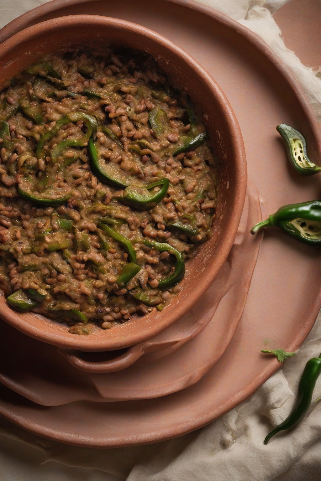 A high-resolution photo of roasted poblano refried beans with charred pepper flecks, in a terra-cotta dish, under soft lighting.