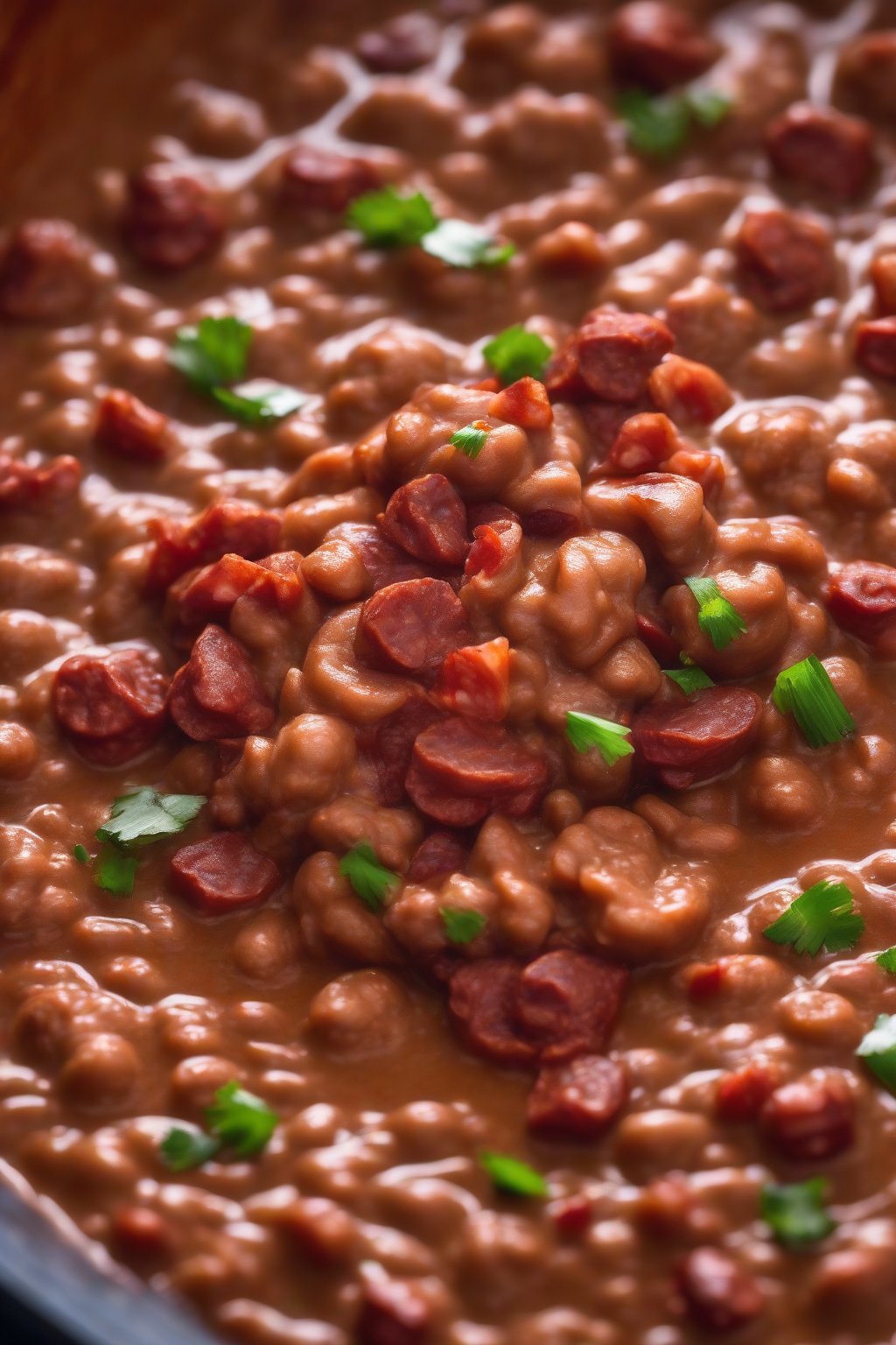 A high-resolution photo of chorizo refried beans studded with red chorizo pieces, bubbling, under soft lighting.