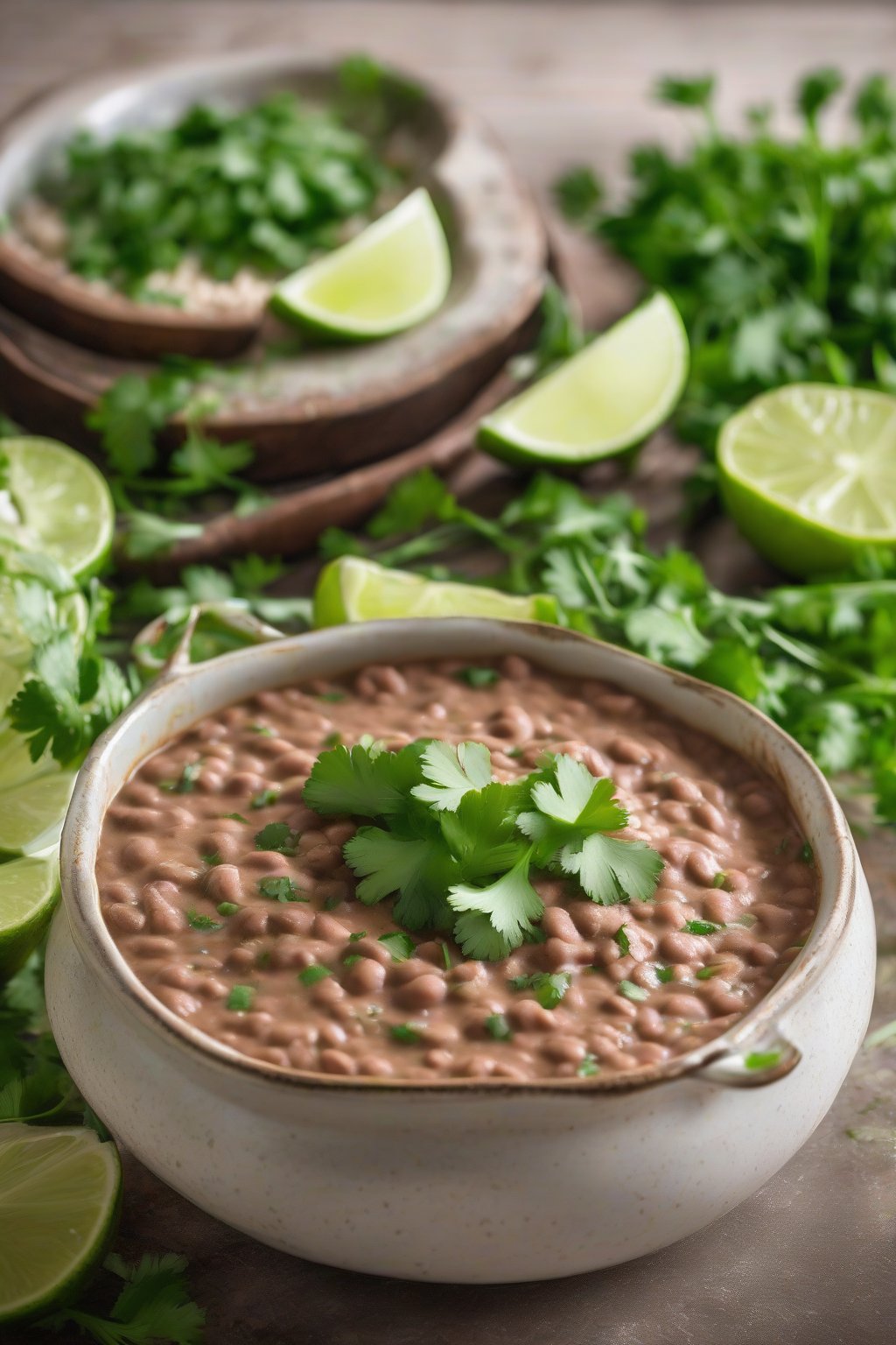 A high-resolution photo of lime cilantro refried beans garnished with fresh cilantro and lime slices, under soft lighting.