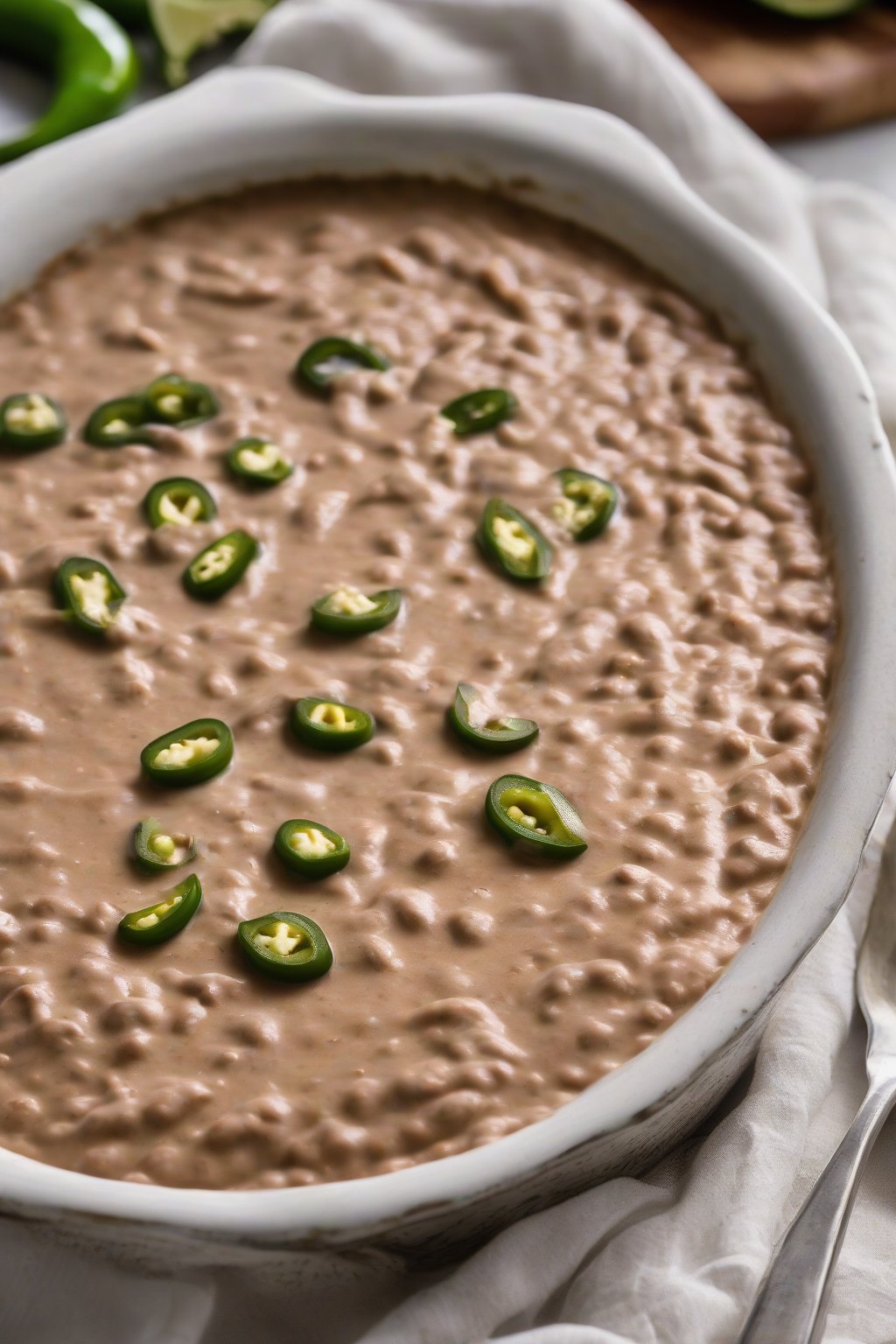 A high-resolution photo of jalapeño cream cheese refried beans with green jalapeño slices, creamy texture, under soft lighting.