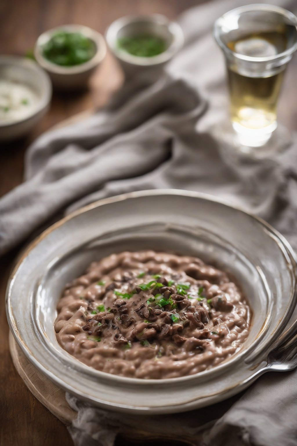 A high-resolution photo of truffle-infused refried beans drizzled with truffle oil, elegant plating, under soft lighting.