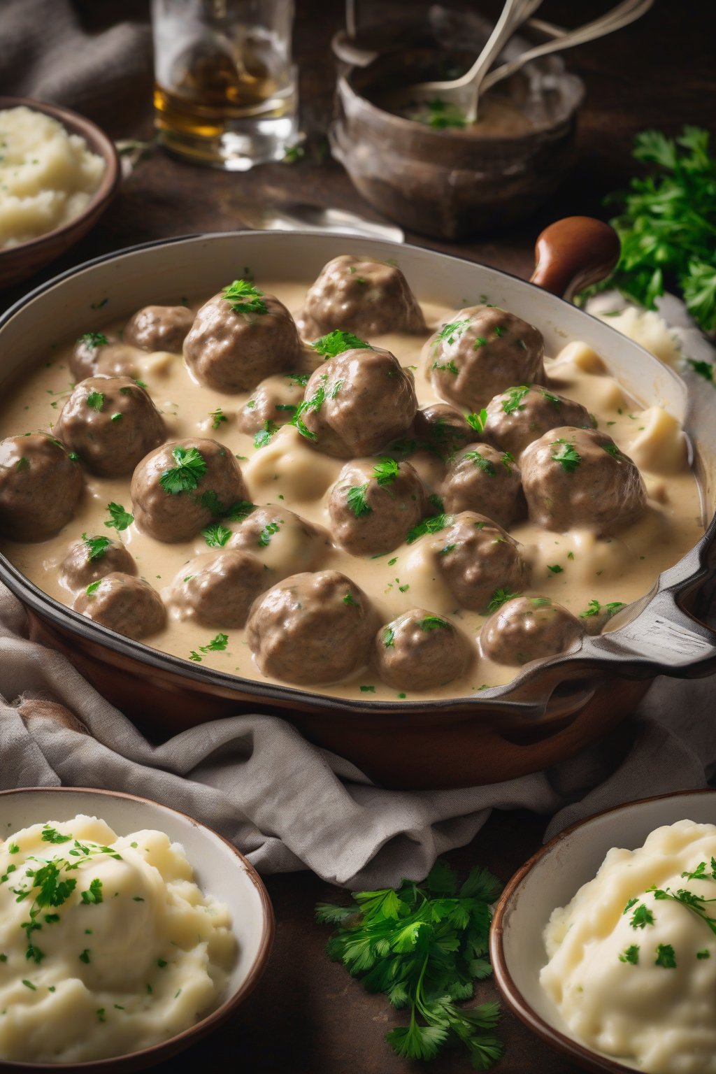 A high-resolution photo of classic creamy Swedish meatballs in a rich gravy, garnished with parsley, served over mashed potatoes under soft lighting.