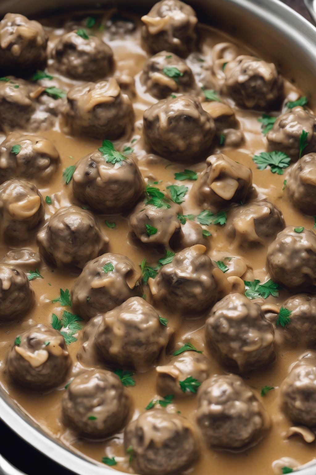 A high-resolution photo of mushroom-laden creamy Swedish meatballs bubbling in gravy, with golden mushrooms peeking through, under soft lighting.