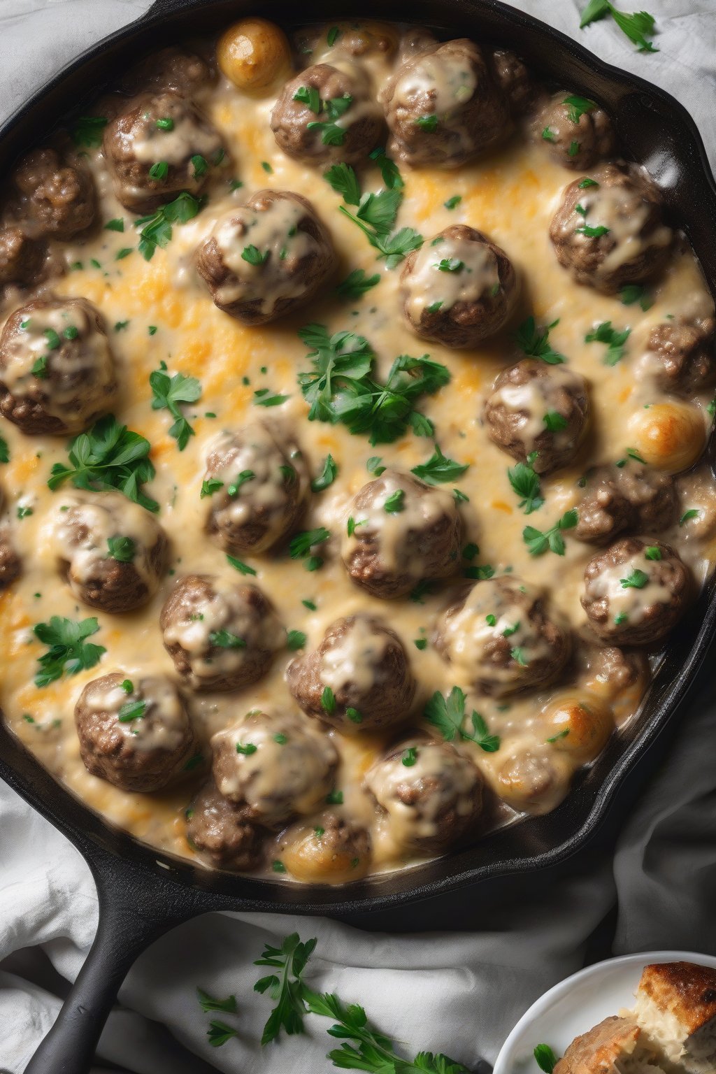 A high-resolution photo of cheesy Swedish meatball skillet with melted Gruyère stretching, served family-style under soft lighting.