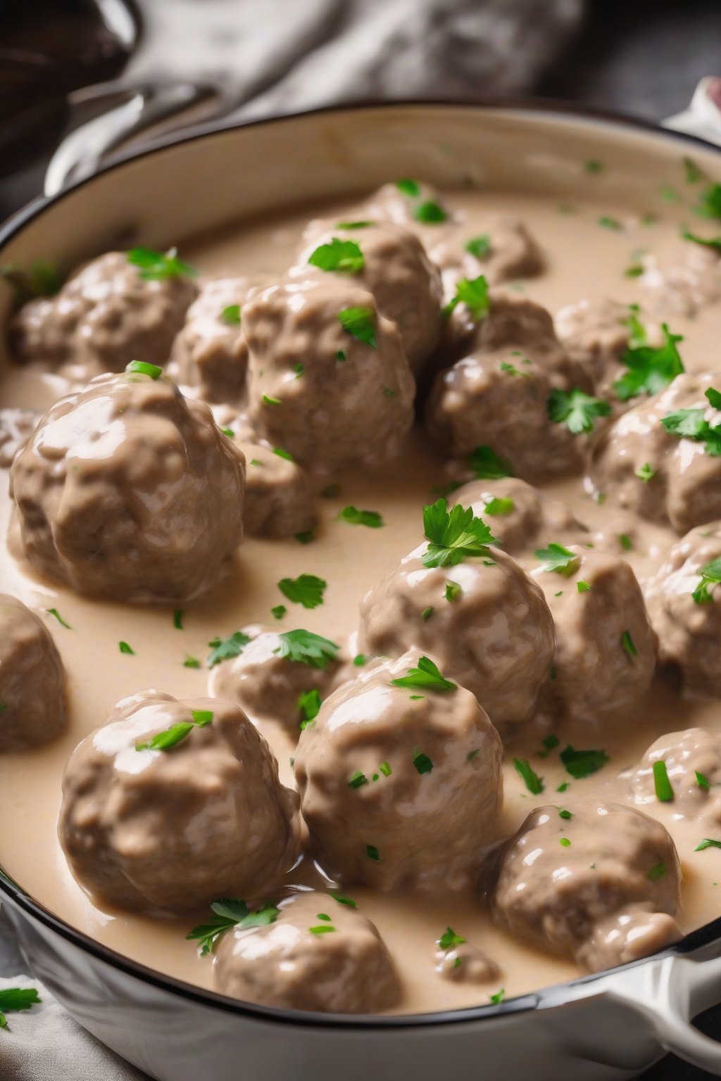 A high-resolution photo of slow cooker creamy Swedish meatballs with glossy sauce, ready to serve, under soft lighting.