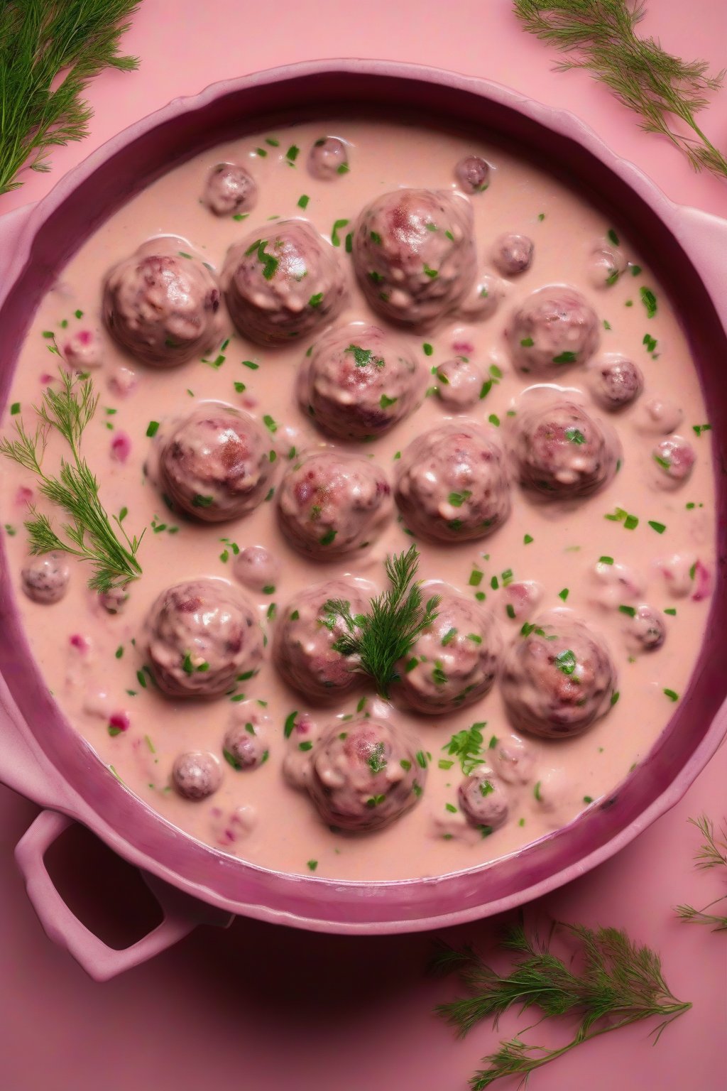 A high-resolution photo of lingonberry Swedish meatballs in pink-tinged cream sauce, sprinkled with dill, under soft lighting.