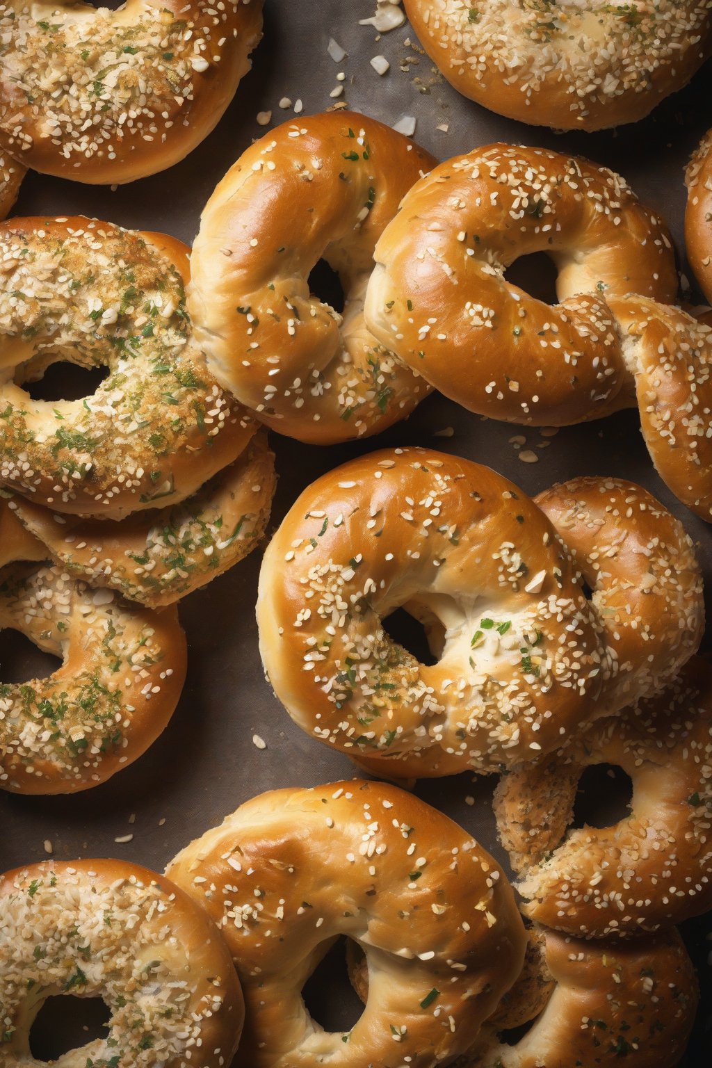 A high-resolution photo of garlic-flecked bagels with a golden crust under soft lighting.