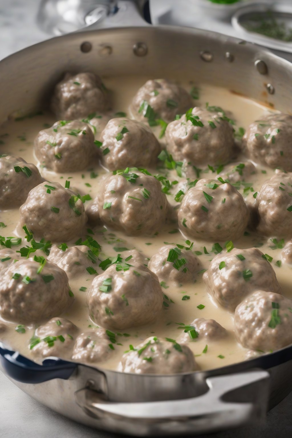 A high-resolution photo of garlic-herb creamy Swedish meatballs garnished with chives, steam rising from the pan under soft lighting.