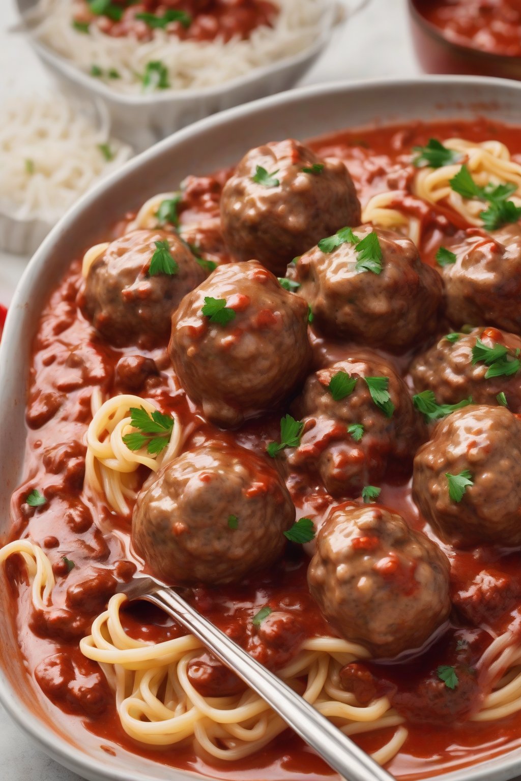 A high-resolution photo of spicy creamy Swedish meatballs with a glossy red-flecked sauce, alongside noodles under soft lighting.