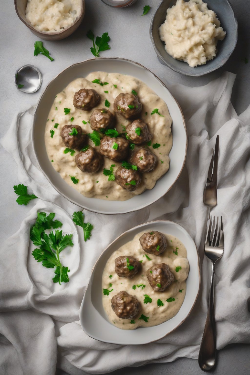 A high-resolution photo of paleo creamy Swedish meatballs in coconut sauce, on cauliflower mash under soft lighting.