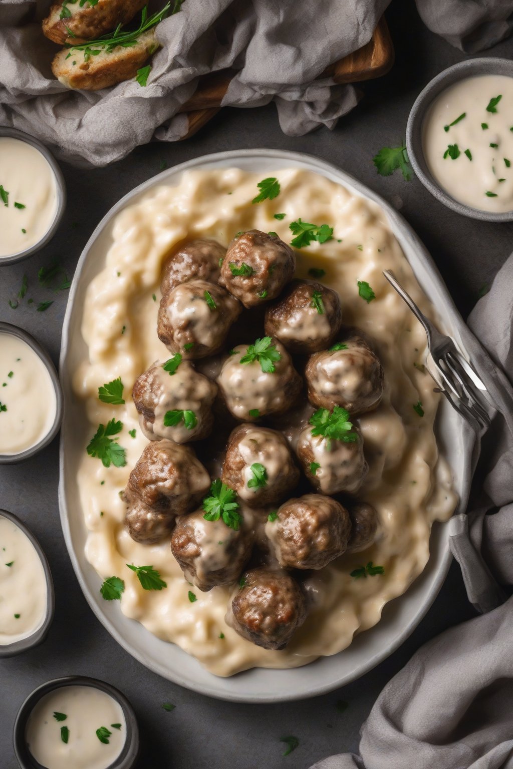 A high-resolution photo of air fryer Swedish meatballs with crisp edges in cream sauce, plated elegantly under soft lighting.
