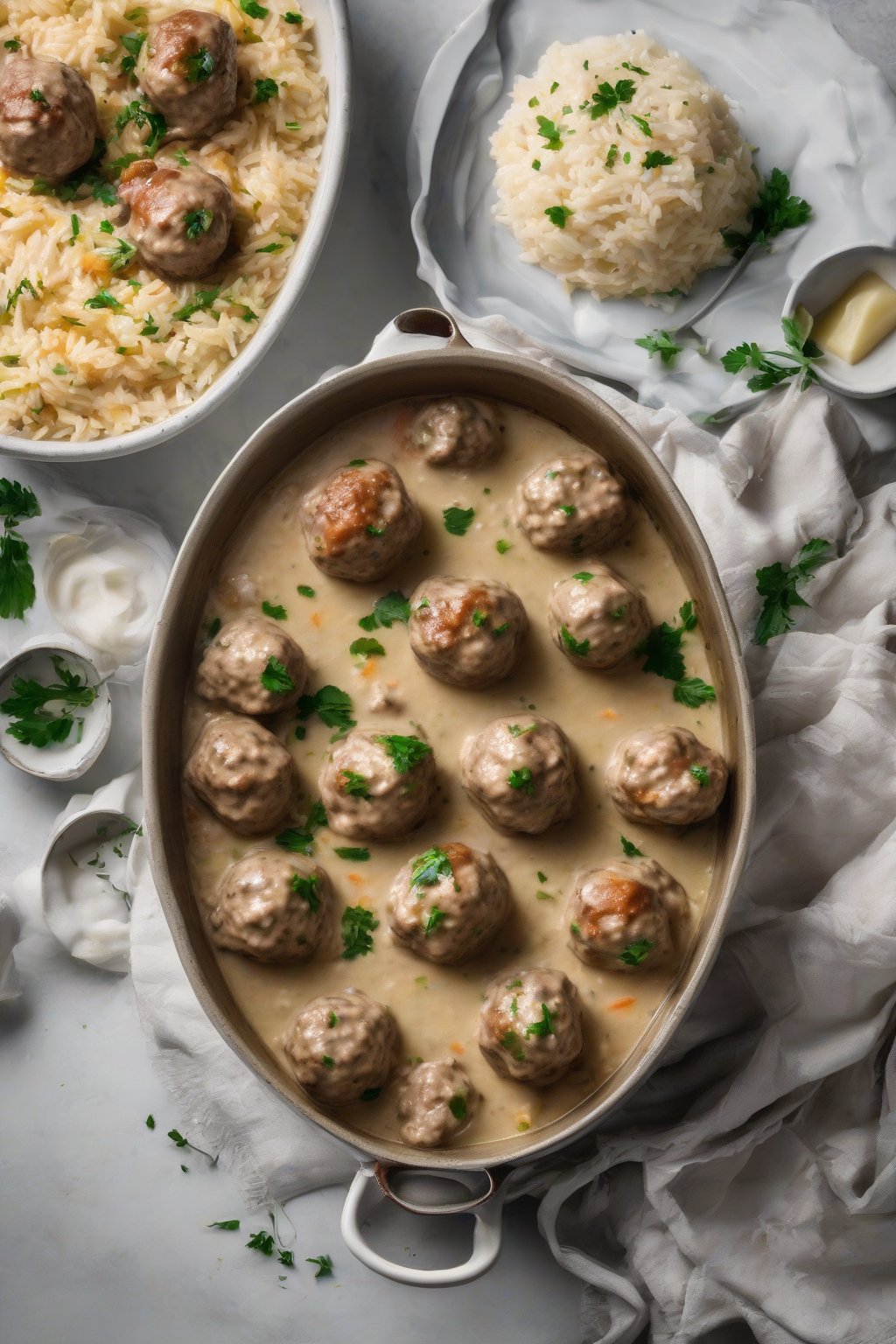 A high-resolution photo of one-pot creamy Swedish meatballs with rice, spooned from the pot under soft lighting.
