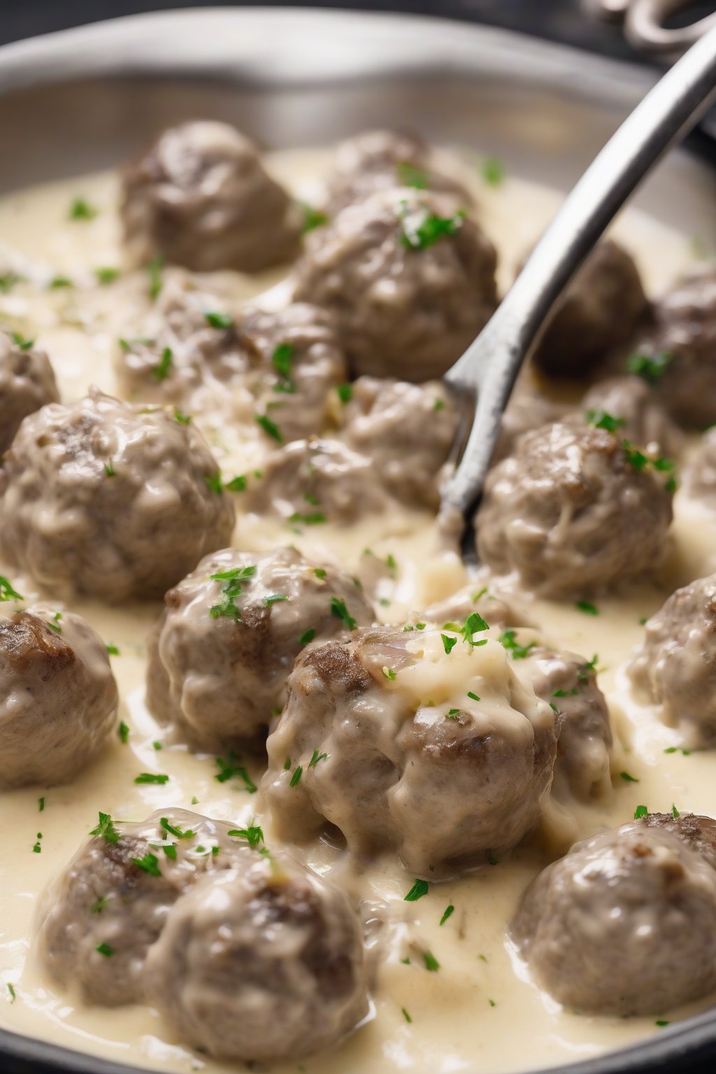 A high-resolution photo of truffle-infused creamy Swedish meatballs drizzled with oil, garnished with shavings under soft lighting.