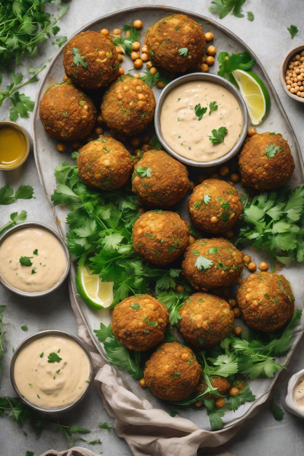 A high-resolution photo of golden crispy chickpea falafel balls on a plate with tahini drizzle and fresh herbs under soft lighting.