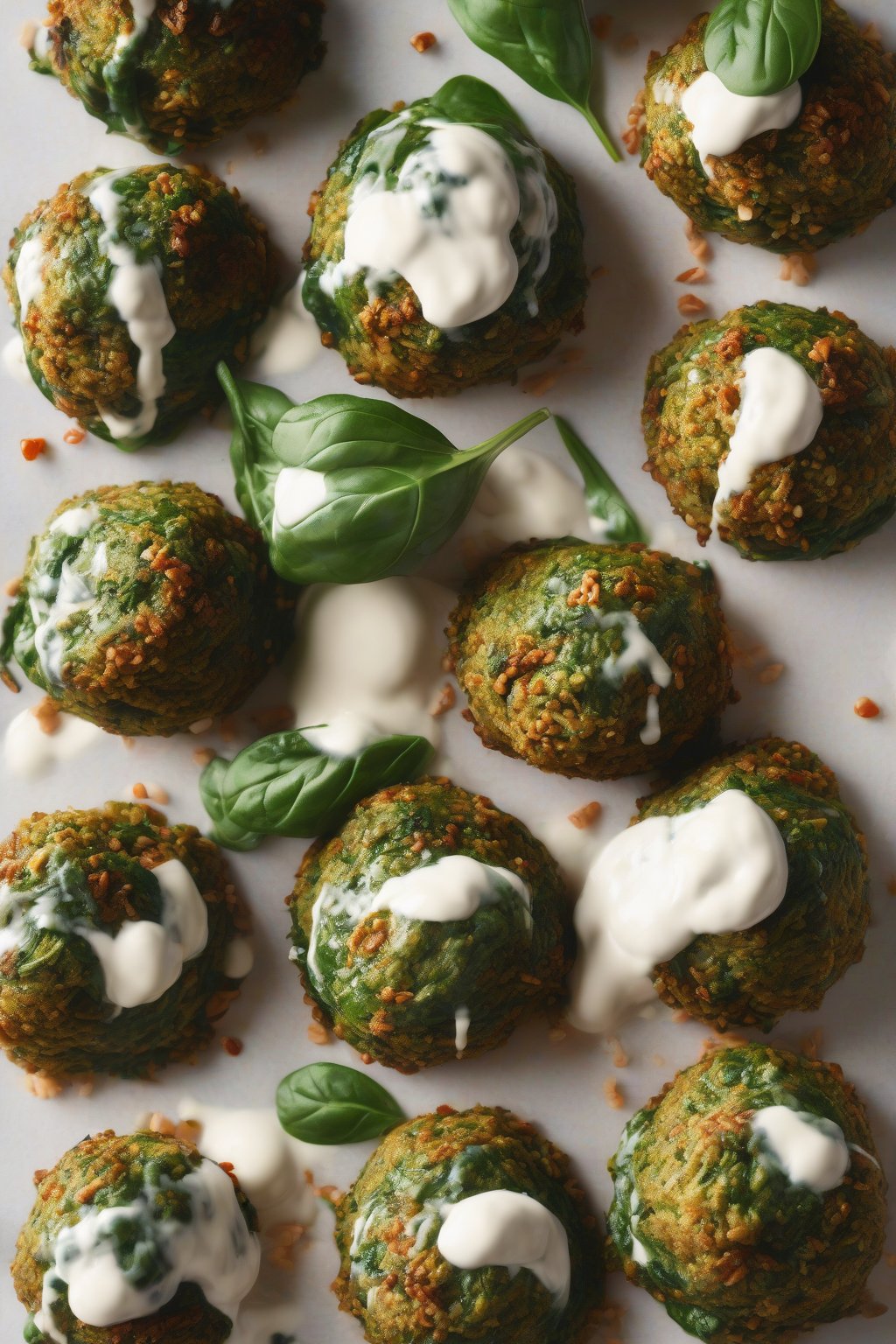 A high-resolution photo of green spinach falafel orbs drizzled with yogurt alternative under soft lighting.