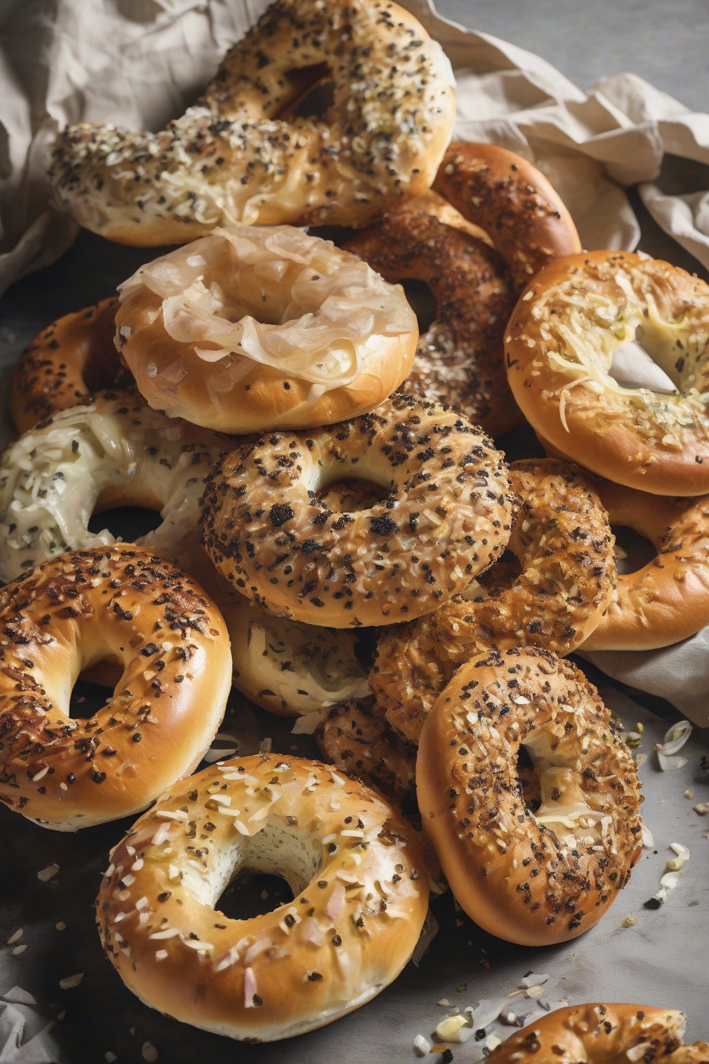 A high-resolution photo of onion poppy bagels with textured toppings under soft lighting.