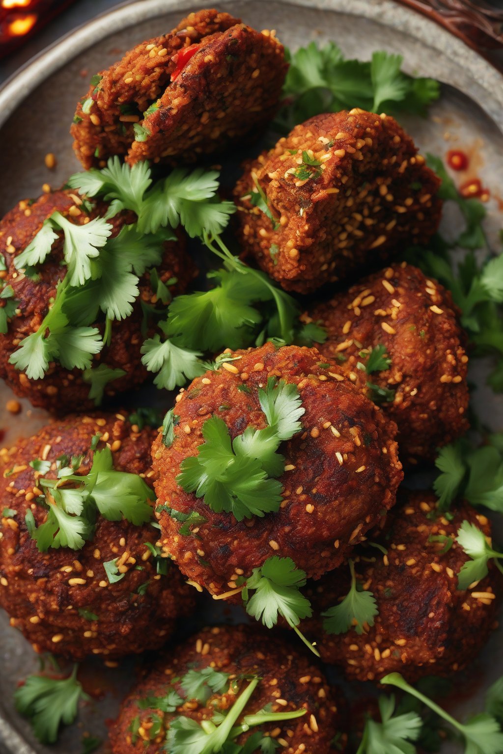 A high-resolution photo of red-tinged spicy harissa falafel with charred edges and fresh cilantro under soft lighting.