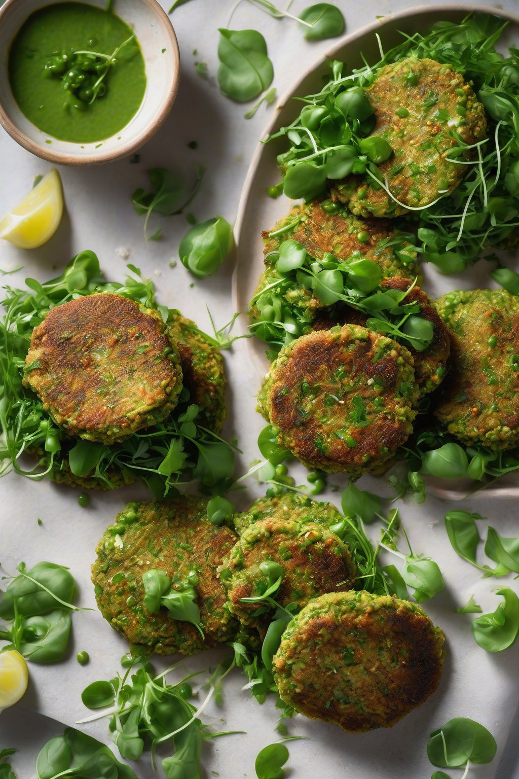 A high-resolution photo of bright green pea falafel patties garnished with pea shoots under soft lighting.