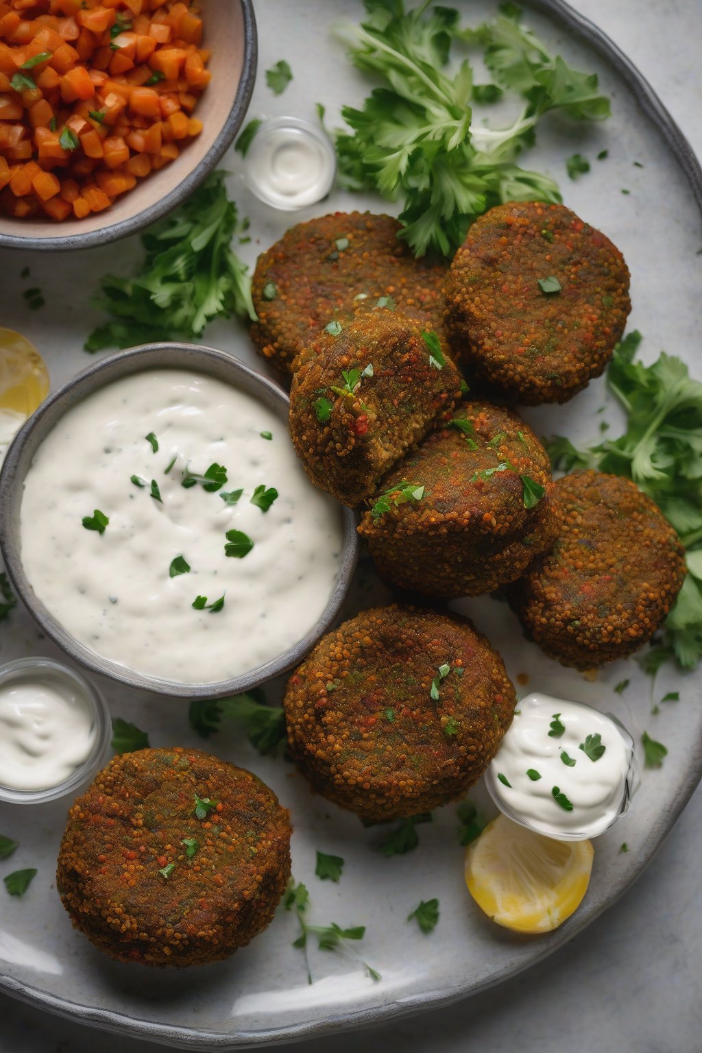A high-resolution photo of red flecked lentil falafel stacked with yogurt sauce under soft lighting.