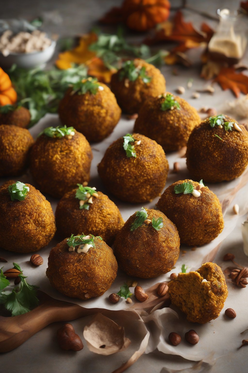 A high-resolution photo of autumnal pumpkin falafel orbs with crispy skins and nutmeg dusting under soft lighting.