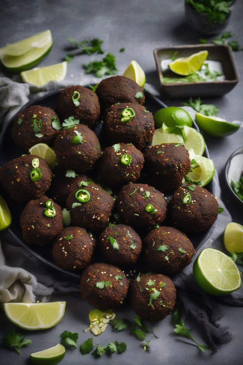A high-resolution photo of dark black bean falafel with jalapeño slices and lime zest under soft lighting.