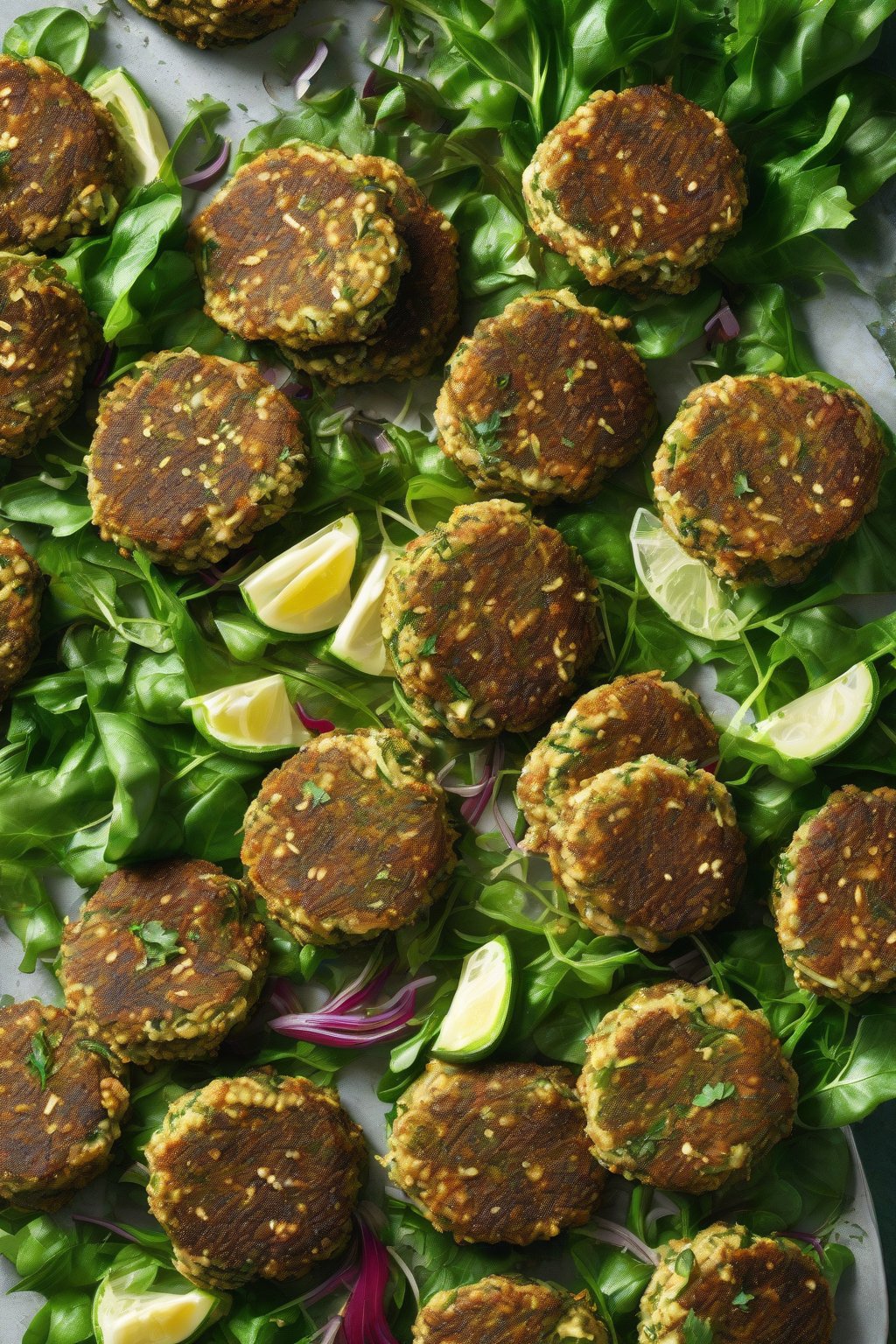 A high-resolution photo of herb-flecked zucchini falafel patties on a bed of greens under soft lighting.