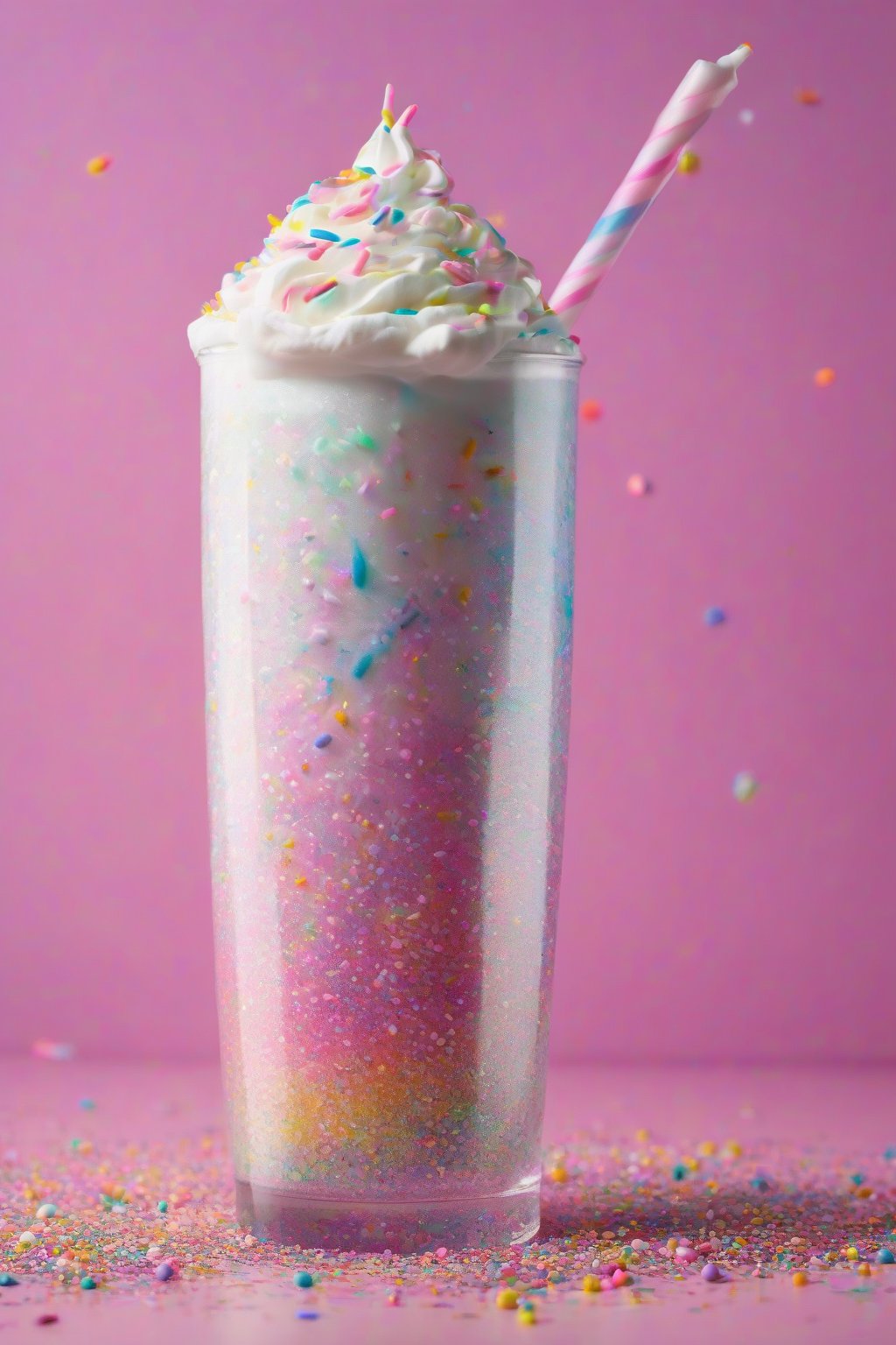 A high-resolution photo of a tall glass of Unicorn Sparkle Soda topped with whipped cream and rainbow sprinkles, fizzing with pink glitter under soft lighting.