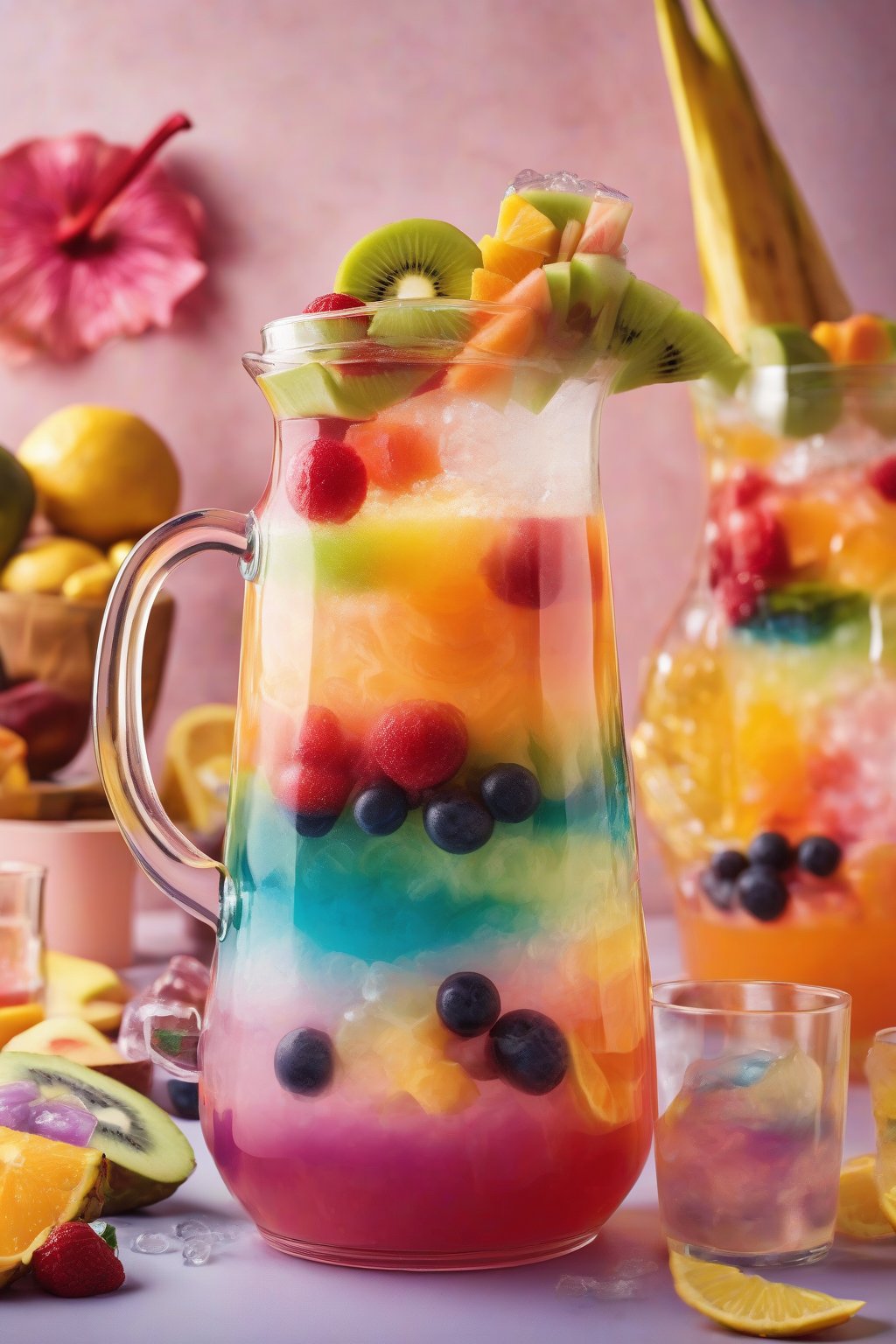 A high-resolution photo of Tropical Rainbow Punch in a clear pitcher with colorful juice layers and fruit garnishes, bubbles rising under soft lighting.