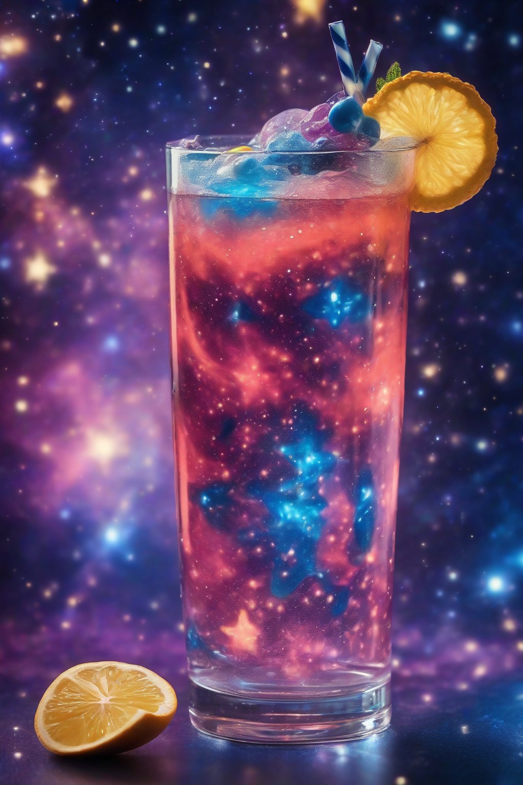 A high-resolution photo of Galaxy Glow Mocktail in a starry glass with blue swirls and edible stars, glowing mysteriously under soft lighting.
