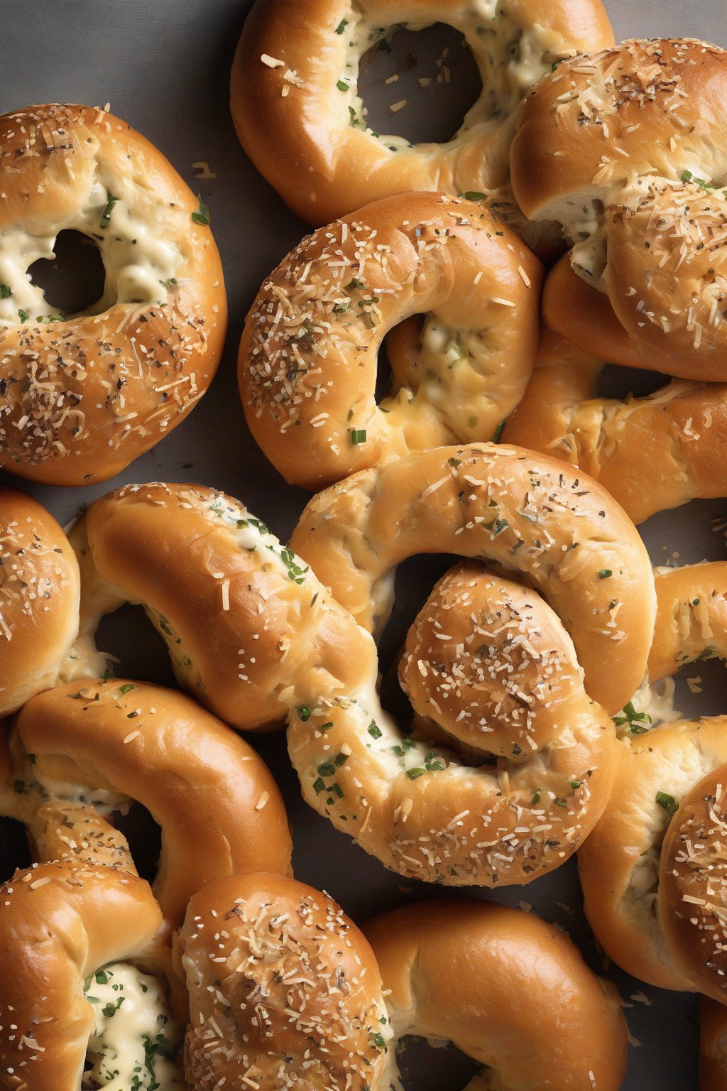 A high-resolution photo of cheesy Asiago bagels oozing slightly under soft lighting.