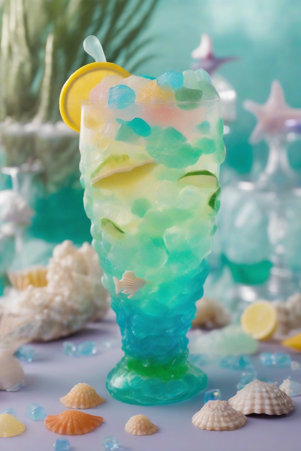 A high-resolution photo of Mermaid Lagoon Lemonade in a seashell-rimmed glass with blue-green layers and gummy fish, sparkling under soft lighting.