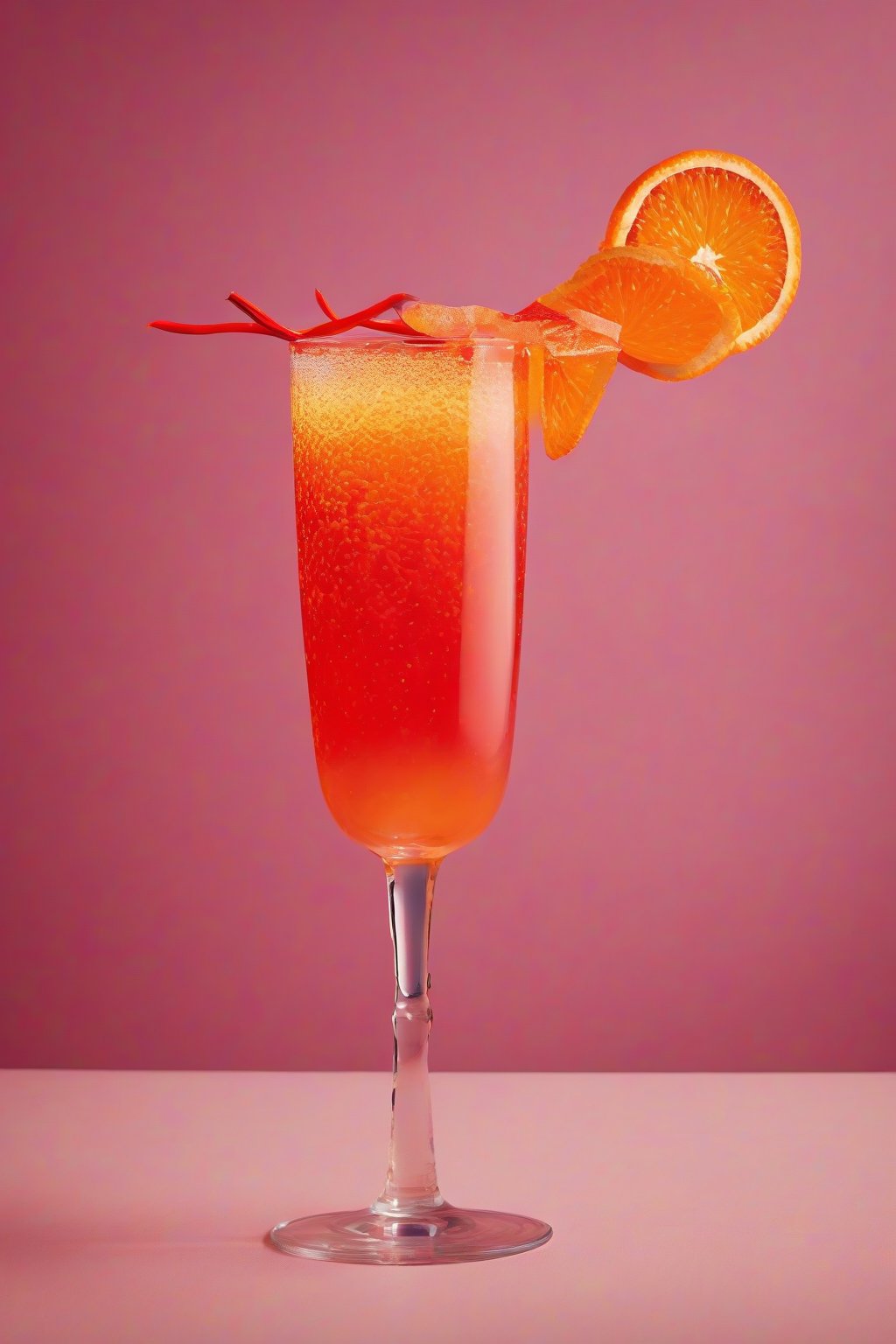 A high-resolution photo of Firecracker Fizz bubbling in a chili-rimmed glass with red-orange layers and an orange slice, vibrant under soft lighting.