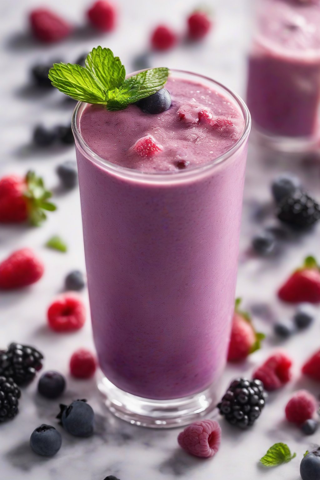 A high-resolution photo of Berry Blast Smoothie in a frosty glass with berry chunks and mint sprig, creamy purple hue under soft lighting.