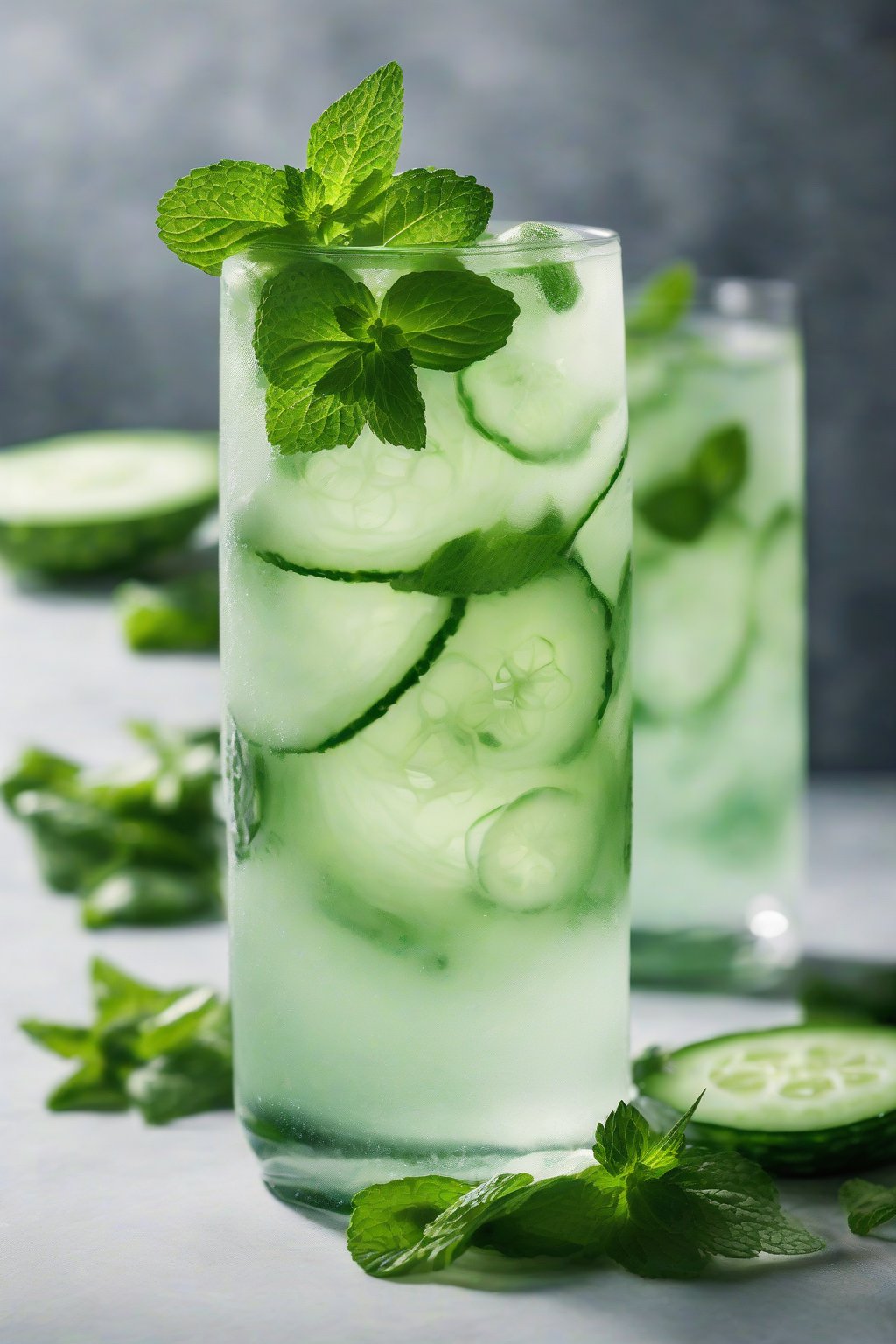 A high-resolution photo of Cucumber Mint Refresher in a highball glass with floating slices and mint, refreshing green tones under soft lighting.