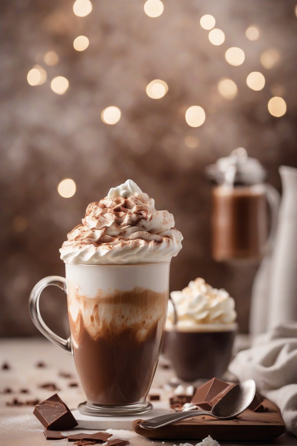 A high-resolution photo of Chocolate Dream Latte in a mug with swirling cocoa foam, topped with whipped cream and shavings under soft lighting.