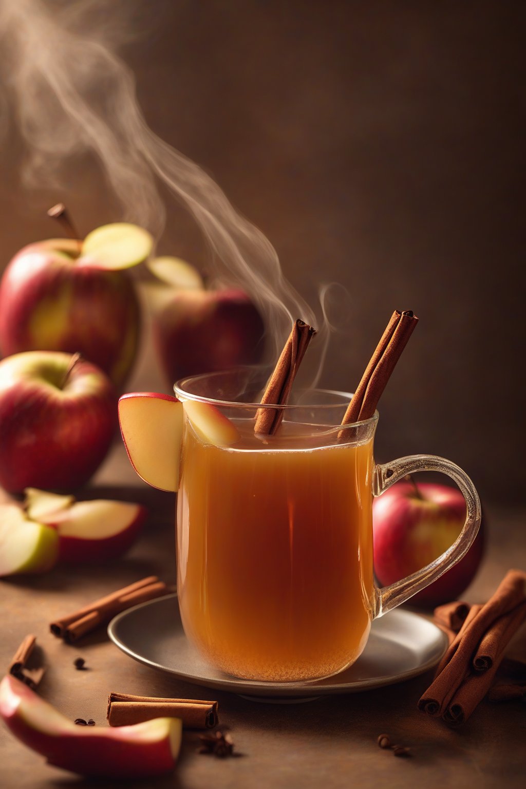 A high-resolution photo of Spiced Apple Cider Twist steaming in a mug with cinnamon stick and apple slice, golden hues under soft lighting.