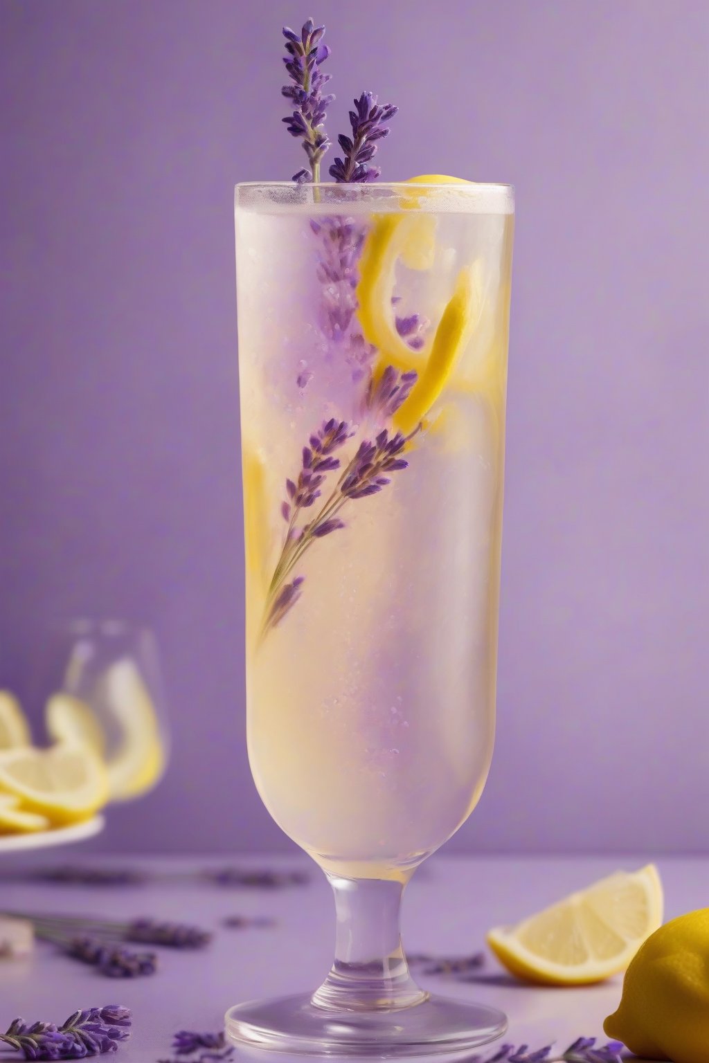 A high-resolution photo of Lavender Lemon Fizz in a flute glass with purple swirls and lemon wheel, effervescent under soft lighting.