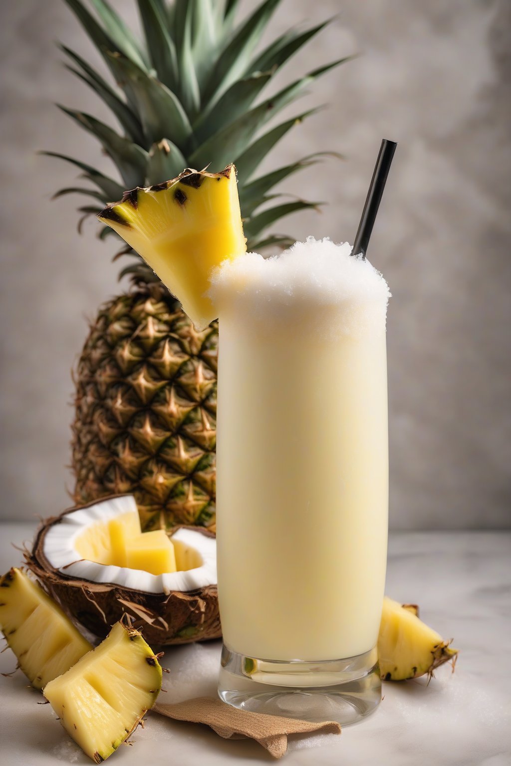 A high-resolution photo of Piña Colada Paradise Mocktail in a coconut-rimmed glass, frothy with pineapple wedge under soft lighting.