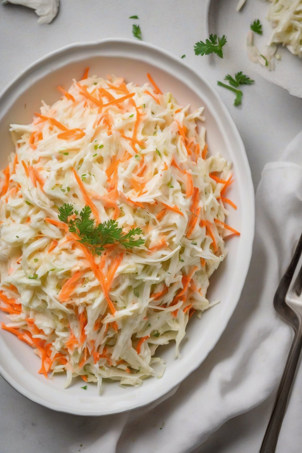 A high-resolution photo of classic creamy coleslaw in a white bowl, topped with fresh carrot shreds, under soft lighting.