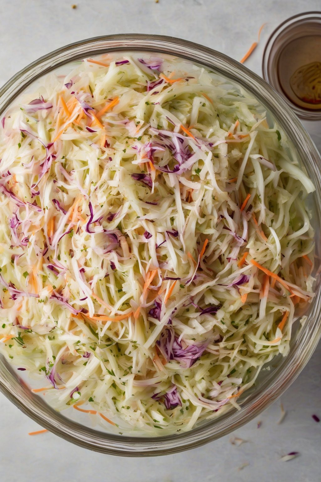 A high-resolution photo of tangy vinegar coleslaw piled high in a glass dish, glistening with dressing, under soft lighting.