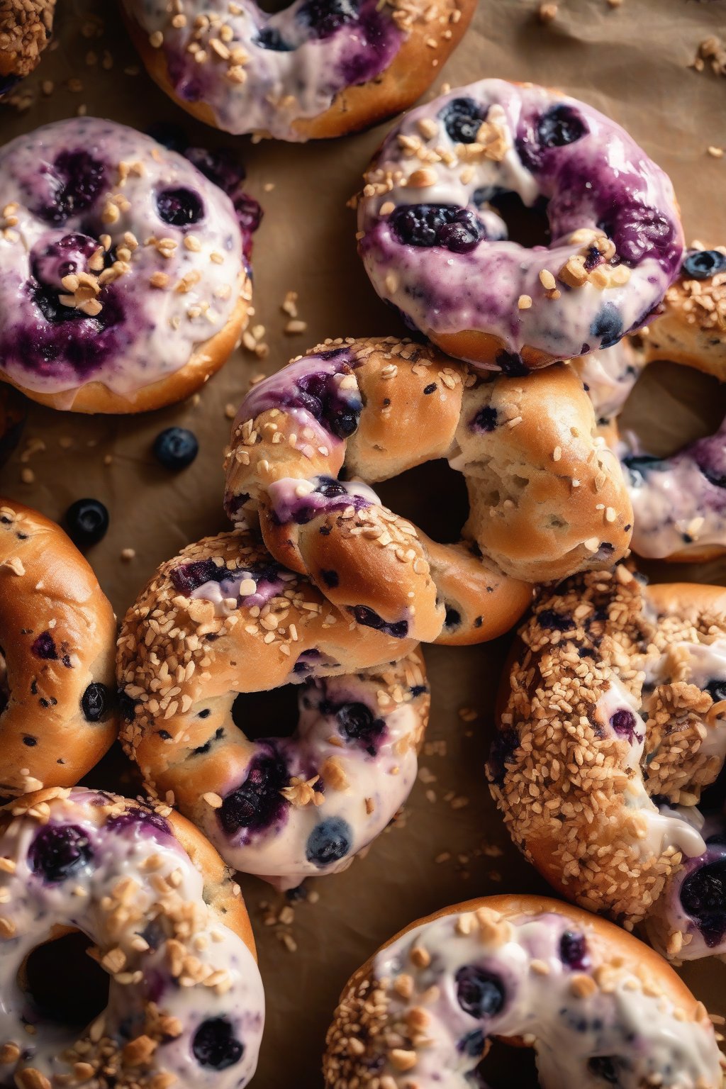 A high-resolution photo of blueberry bagels with purple flecks in the crumb under soft lighting.