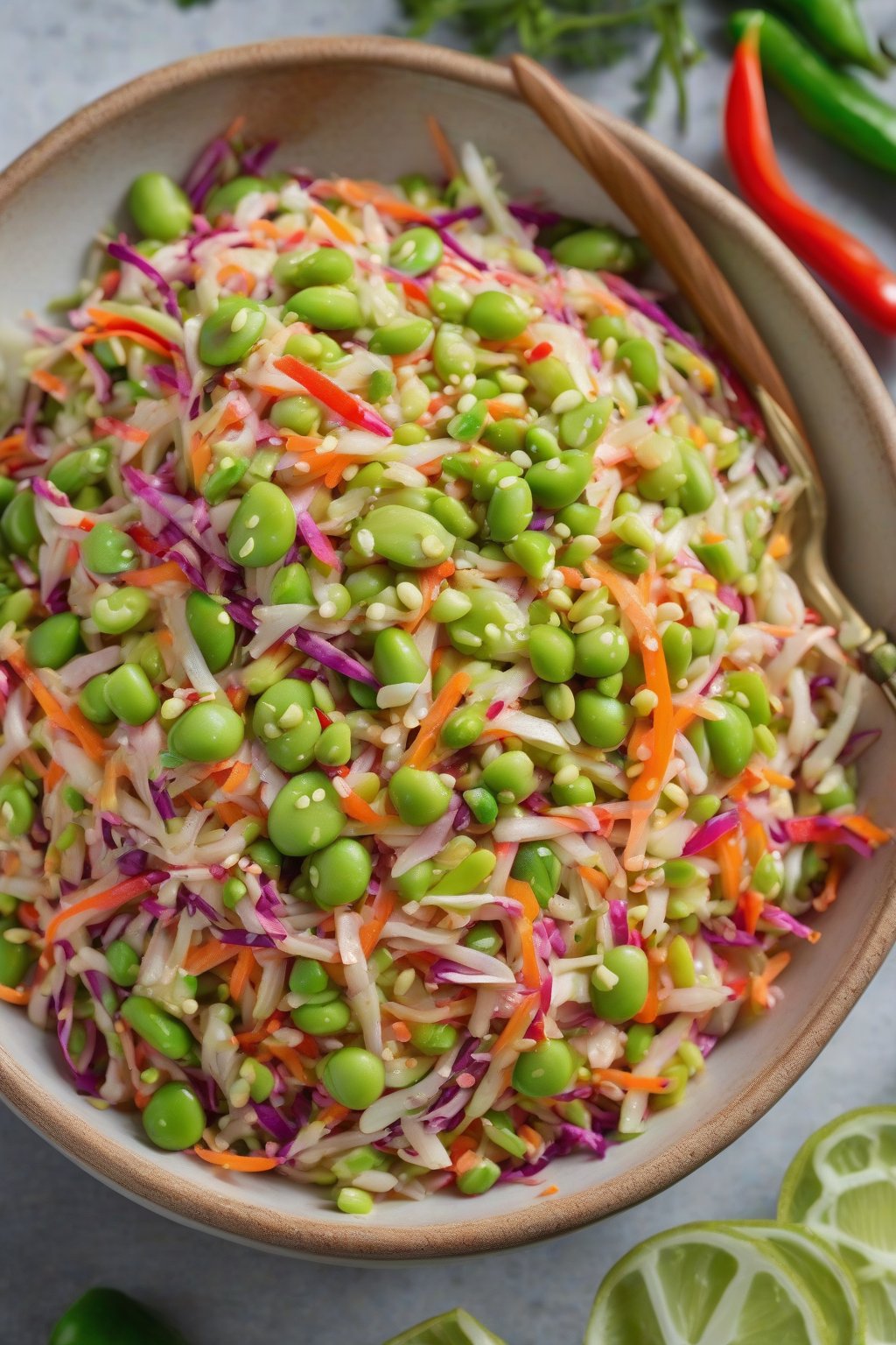 A high-resolution photo of Asian sesame coleslaw with edamame and bell peppers, sprinkled with sesame seeds, under soft lighting.