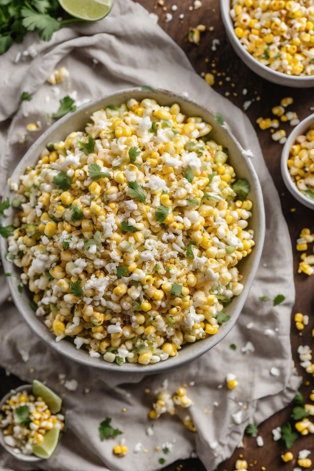 A high-resolution photo of Mexican street corn coleslaw with charred corn kernels and crumbled cheese, under soft lighting.