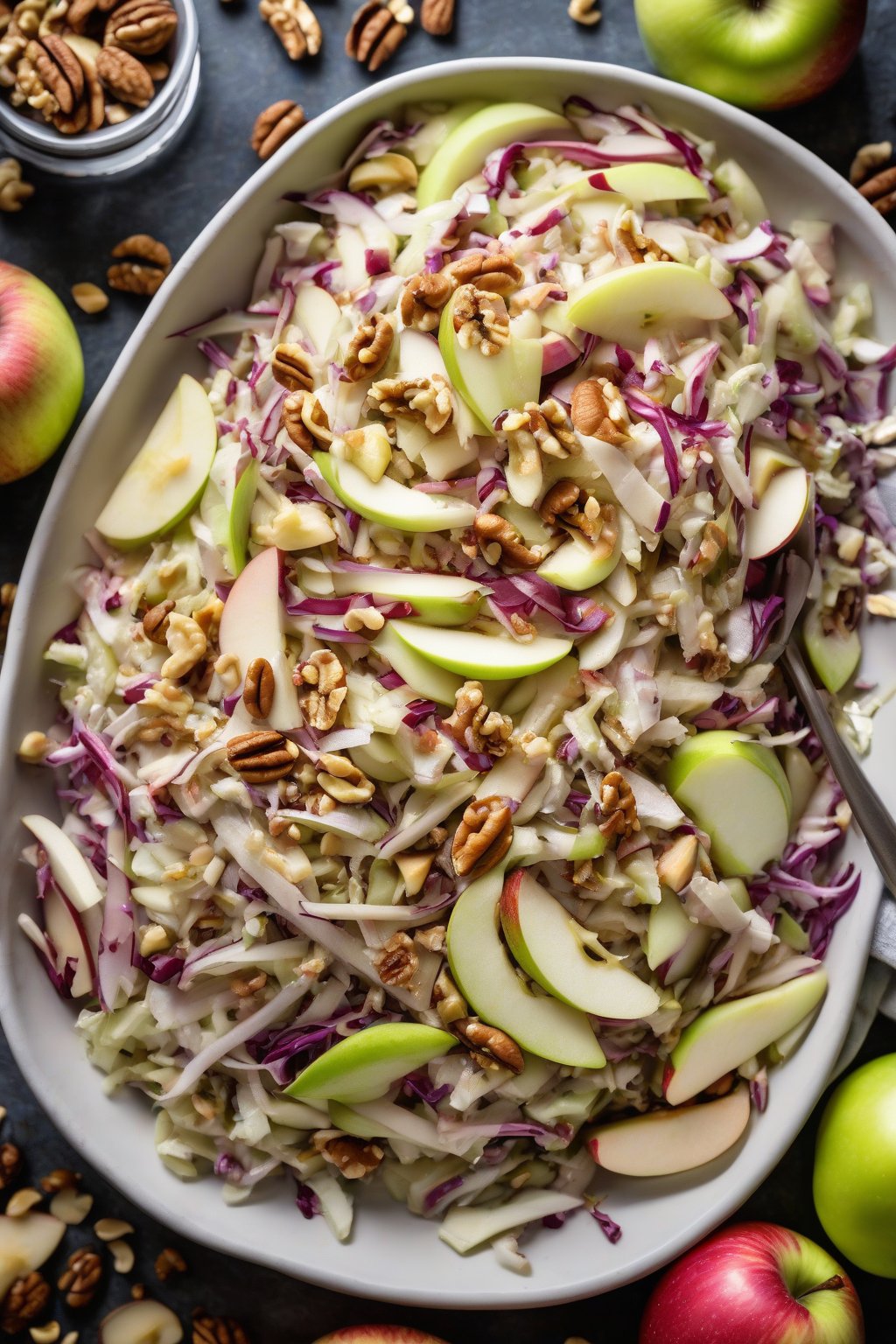 A high-resolution photo of apple walnut coleslaw with sliced apples and nuts scattered on top, under soft lighting.