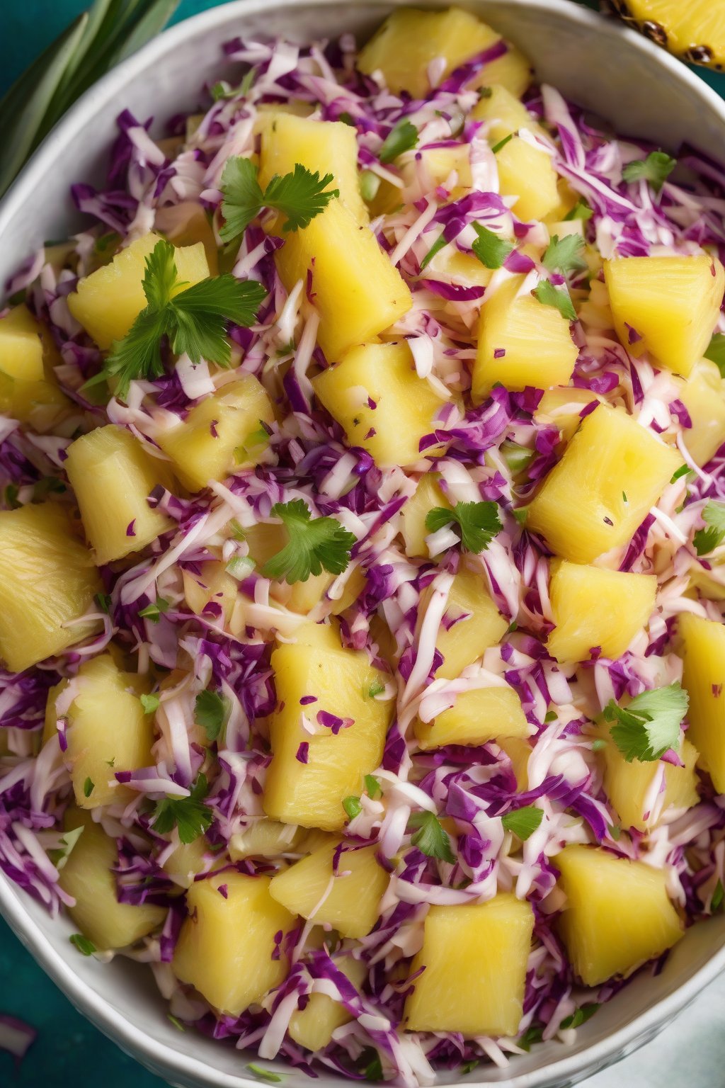 A high-resolution photo of tropical pineapple coleslaw bursting with yellow pineapple pieces, under soft lighting.