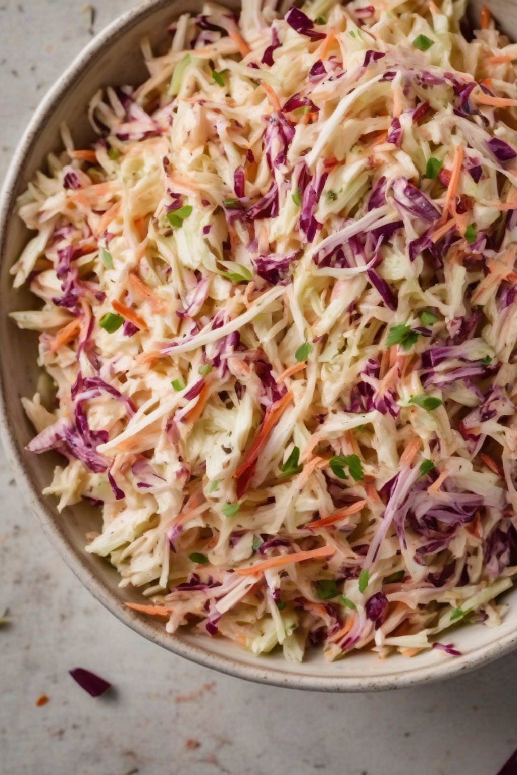 A high-resolution photo of spicy chipotle coleslaw with red flecks of chipotle, in a rustic bowl, under soft lighting.